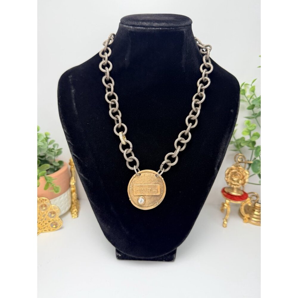 Vintage Brass Faith Medallion Necklace Rustic Statement Chain Spiritual Jewelry